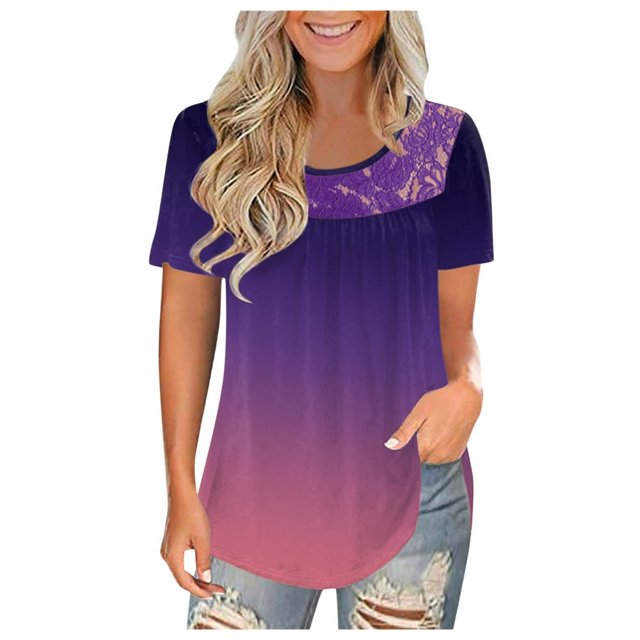 AMERTEER Femmes Mode Dentelle Uni à Empiècements Col Rond Manches Courtes T-Shirt Blouse Hauts T-Shirt pour Femmes