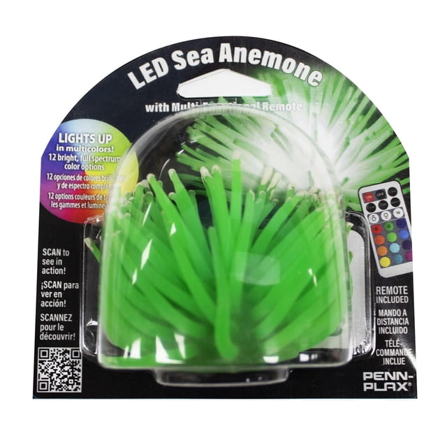 Penn-Plax LED Anemone with Remote, green silicon artificial sea anemone aquarium decoration in clear dome packaging, includes remote control for 12 multicolor LED light options, designed to sway naturally with water currents, suitable for freshwater and saltwater tanks.