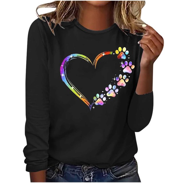 Jsaierl Hauts de la Saint-Valentin pour Femmes Tendance Coloré Patte de Chien Cœur Graphique T-Shirts Décontractés Col Rond Manches Longues