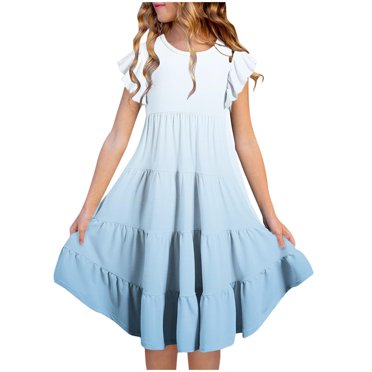 yoeyez Summer Dresses for Girls Kids Little Girls Double Layer Flutter Sleeve Flowy A-Line Dresses Casual Gradient Crewneck Midi Sundress Holiday Party Dresses for Girl Light Blue,12 Years