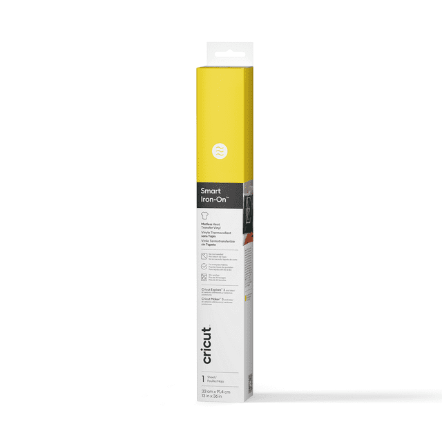 Cricut® Smart Iron-On™ Matless Heat Transfer Vinyl (3 ft), Yellow roll packaging with yellow and white color blocks, showing product details including no machine mat needed, continuous cuts up to 12 ft, and compatibility with Cricut Explore and Maker machines, sized 13 in by 3 ft.