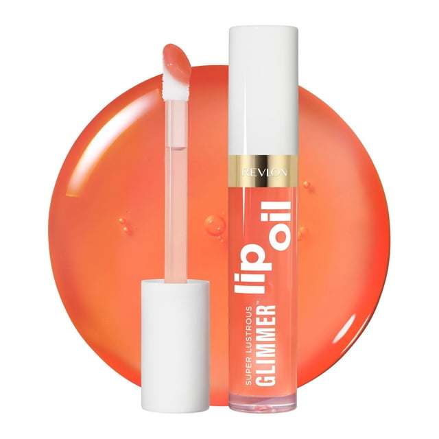 Super Lustrous Glimmer™ Lip Oil moisturizing lip oil in a clear tube with white cap and gold band, showing coral shade with plush applicator beside it, set against a glossy coral oil drop background, suitable for hydrating and smoothing lips