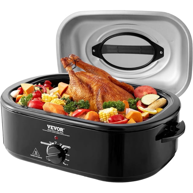 VEVOR Electric Roaster Oven, 24 QT Turkey Roaster Oven with Self-Basting Lid, 1450W Roaster Oven with Defrost & Warm Function, Adjustable Temp, Removable Pan & Rack, Fits Turkeys Up to 28LBS, Black