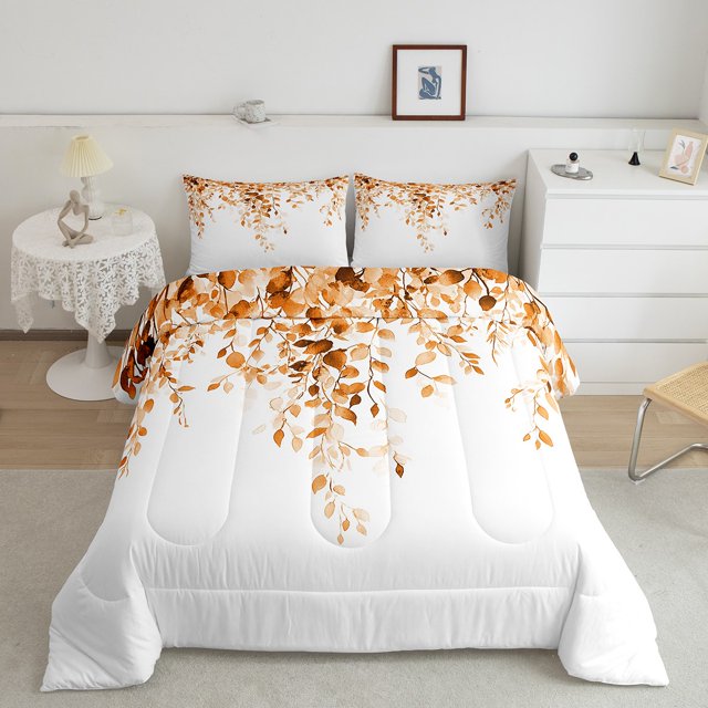 Erosebridal Eucalyptus Leaf Bedding Sets Queen with Comforter, Orange Duvet Insert, Spring Plant Decor, Lightweight 3-Piece