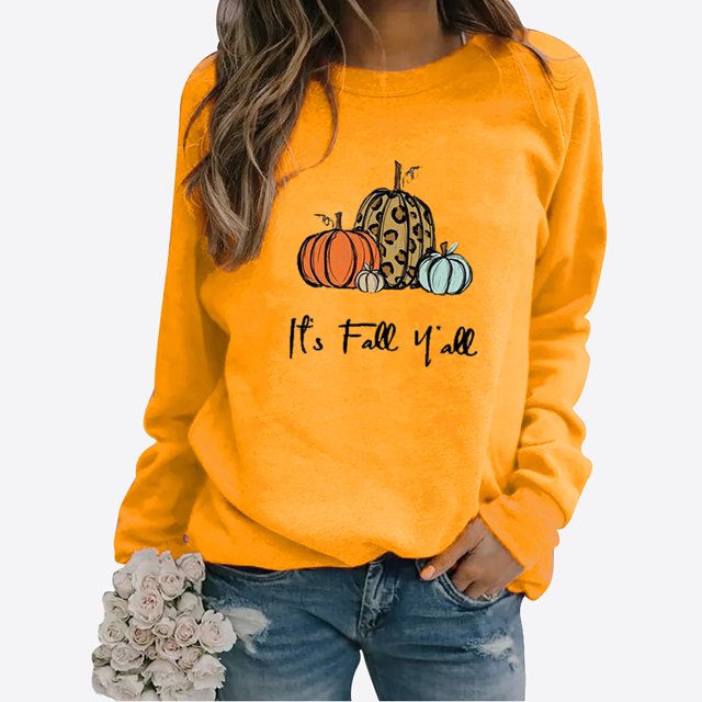 DPTALR Femmes Confortable Décontracté Courge à Lettres Imprimées Chandail à Col Rond Manches Longues T-Shirt Blouse Hauts