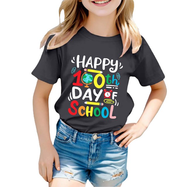 FhsagQ le 7 Juillet Garçon et Fille Mode Décontractée Imprimé Col Rond Ample Manche Courte T-Shirt Haut Petites Filles le 7 Juillet T-Shirts Printemps Printemps Filles Chemises d'Été Taille 8-9 Noir 3-4 Ans