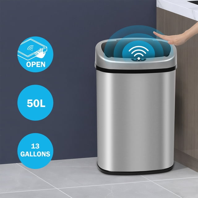 13 Gallon Kitchen Trash Can Automatic Stainless-Steel Garbage Can with Touch-Free & Motion Sensor, featuring a brushed silver finish and anti-fingerprint design. This 50L kitchen trash bin includes a soft-close lid, motion sensor for hands-free operation, and a removable inner bucket. Ideal for modern kitchens, bathrooms, or offices, shown in a sleek kitchen setting with a hand activating the sensor.