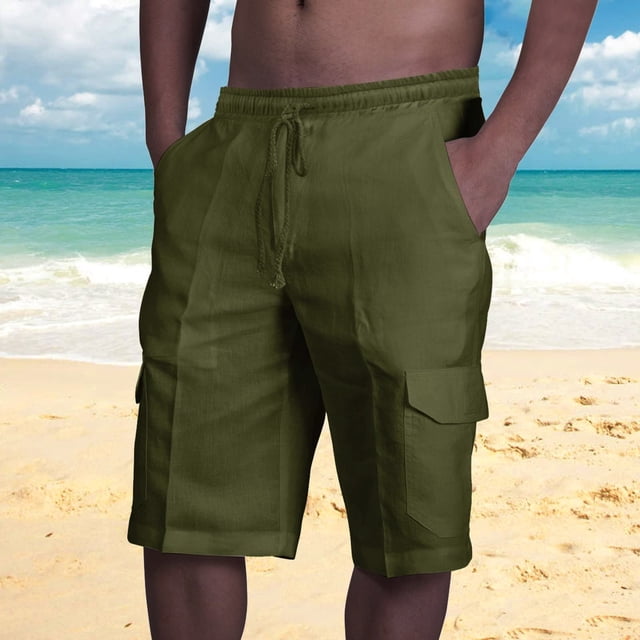 AherBiu Mens Shorts Linen Drawstring Elastic Waist Classic Fitted Casual Summer Beach Shorts with Pockets