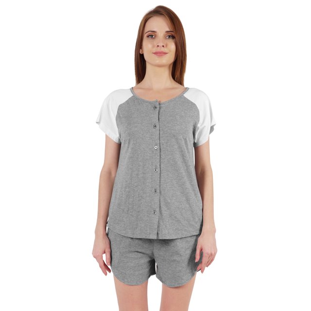Inkmeso Solid 2 Pc Nightwear Set For Women Raglan Sleeves Button-Down Top & Shorts Sleepwear-54