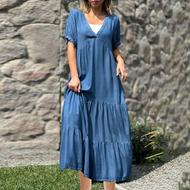 LOVZFMLL Robe Décontractée d'Été pour Femme à Manches Courtes avec Fente, Col Rond, Bleu Foncé, L