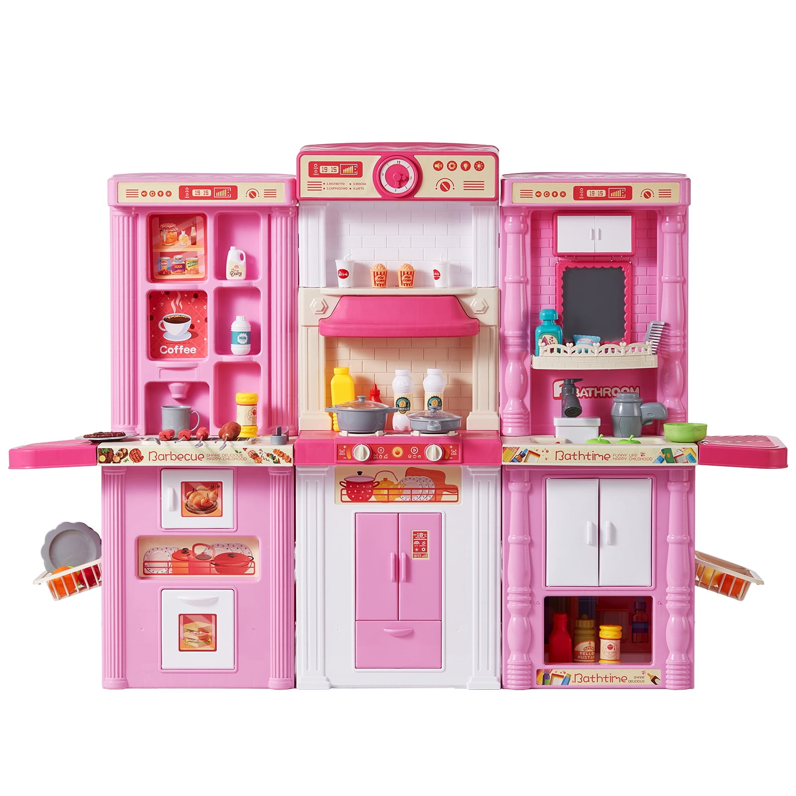 KFFKFF Children's Cooking Playset, Trio-Function Miniature Kitchen with Faux Spray, Audio and Illumination,Play Cookware Set with 74 PCS Culinary Tools for Youngsters,Pre-K Kids,Kids Aged 3-8,Roseate