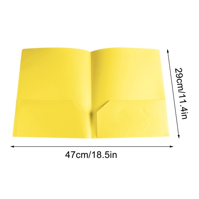 File Folders Letter Size, heavy-duty plastic folders with pockets designed for documents and office use. The image shows a bright yellow folder with two interior pockets, one featuring a slot for a business card. The folder measures 29 cm by 23.7 cm when closed and 47 cm by 29 cm when unfolded. Suitable for organizing letter-size documents, it offers durability, water resistance, and a stylish design for school or office settings.
