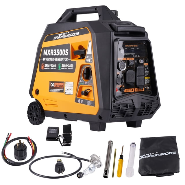 Maxpeedingrods 3500 Watt Portable Generator Inverter 3.2KW Gas Propane Dual Fuel Electric Start shown in a side view with an orange and black design. This portable inverter generator features dual fuel capability, clean power for sensitive electronics, and a digital display for monitoring voltage, frequency, and runtime. Ideal for backup power, camping, outdoor events, and RV travel. Includes accessories such as cables, a dust cover, and tools.