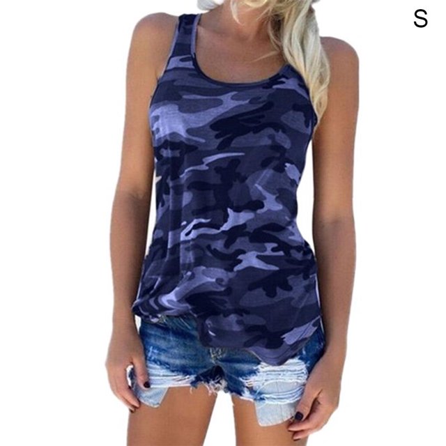 Gilet Sans Manches Chemise Camouflage Col Rond Débardeur Femme Débardeur Femme Haut d'Été, Bleu Foncé, S