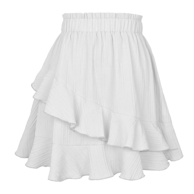 PEZHADA Women's Mini Skirts Wrap Front Pleated Ruffle Hem Cute Beach A Line Short Skirts White