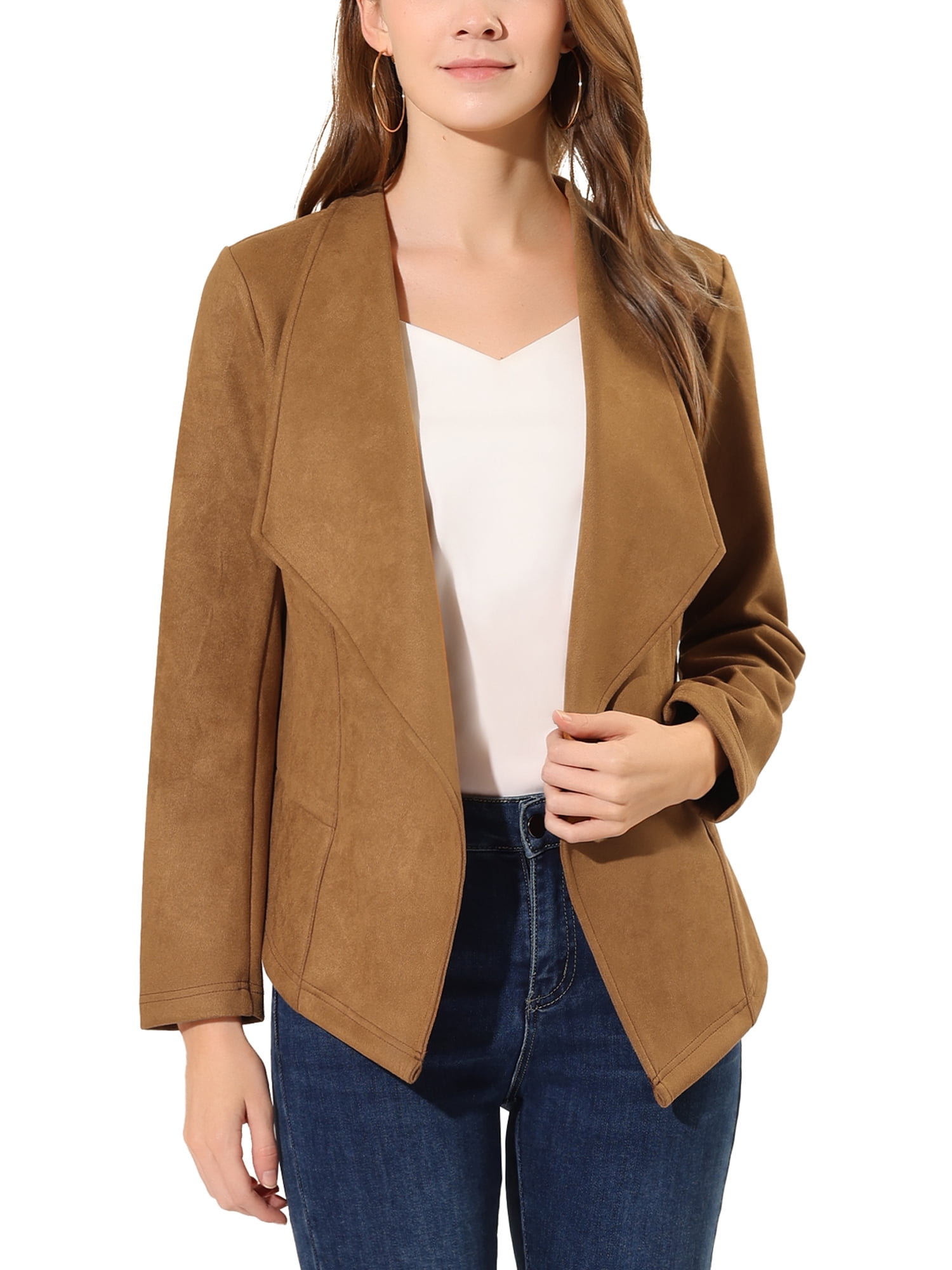 INSPIRE CHIC Women's Faux Suede Drape Blazer Collar Long Sleeves Open Front Jacket L Brown