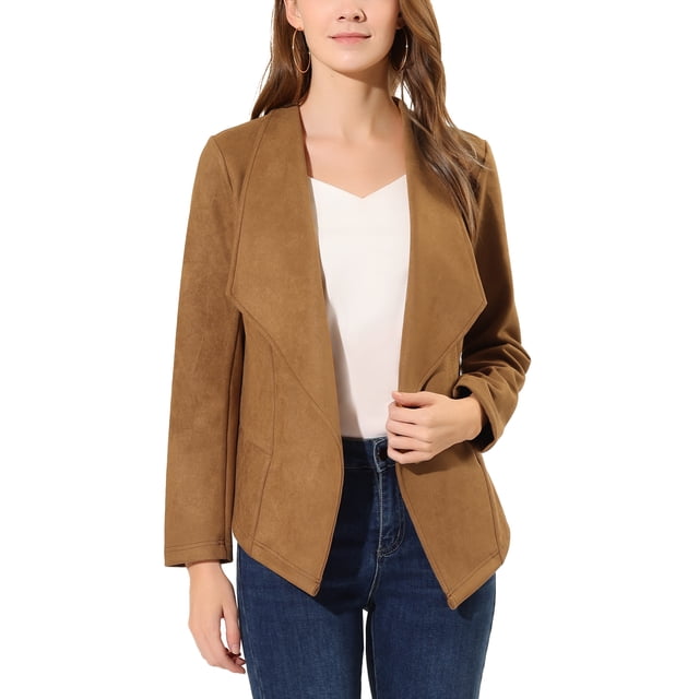 INSPIRE CHIC Blazer à Col Drapé en Faux Suède pour Femme, Manches Longues, Ouvert à l'Avant, Veste TP Brun