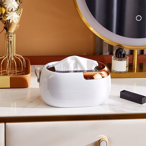 Tissue Box Holder Desktop Organizer With Storage Compartment, Spring Loaded Paper Dispenser Case For Living Room Kitchen Office, Decorative Tabletop Tissue Storage Container