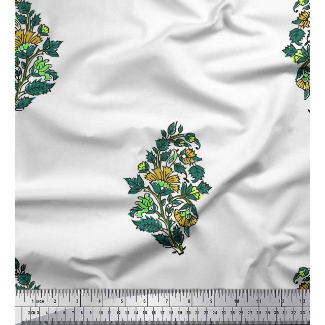 Soimoi Crepe Silk Fabric Leaves & Floral Block Print Sewing Fabric Yard 42 Inch Wide