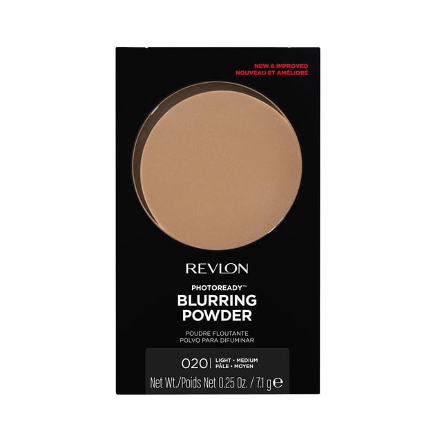 Revlon PhotoReady Blurring Setting Powder 020 Light Medium in black rectangular packaging with a round beige powder pan, 7.1g net weight, designed for longwear, shine reduction, and even skin tone with photochromatic pigments.