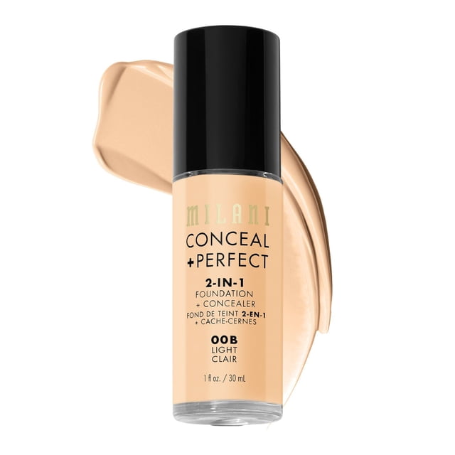 Milani Conceal + Perfect 2-in-1 Foundation + Concealer in 00B Light Clair, a 30 ml bottle with black cap, shown with a light beige liquid foundation swatch behind it, offering medium to full coverage with a natural matte finish that evens skin tone and reduces redness for a longwear, photo-ready complexion.
