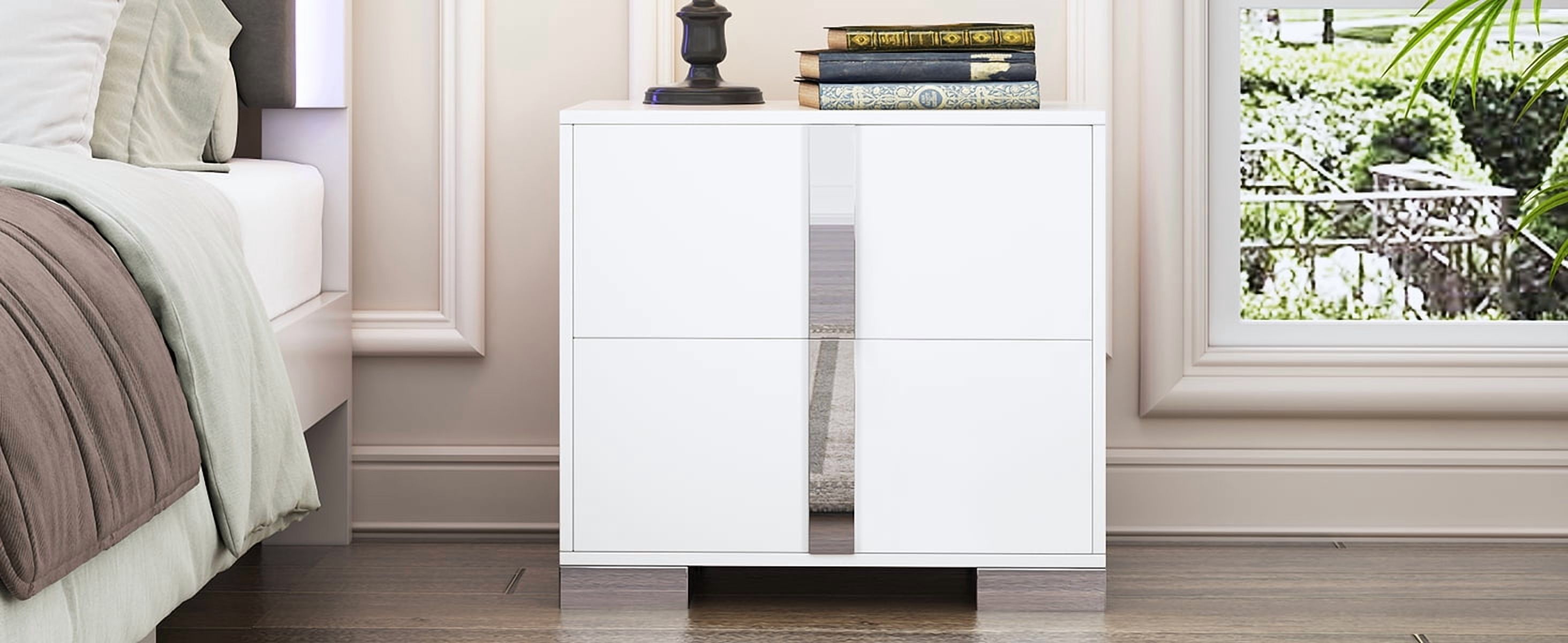 Noble House Elegant Nightstand with Metal Foot, Mirrored Bedside Table, White