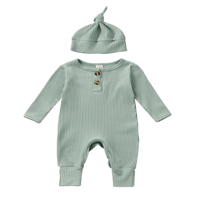 MesaSe Infant Baby Boys Jumpsuit and Hat Set Solid Knit Ribbed Long Sleeve Crew Neck Button Romper One-Piece Clothes