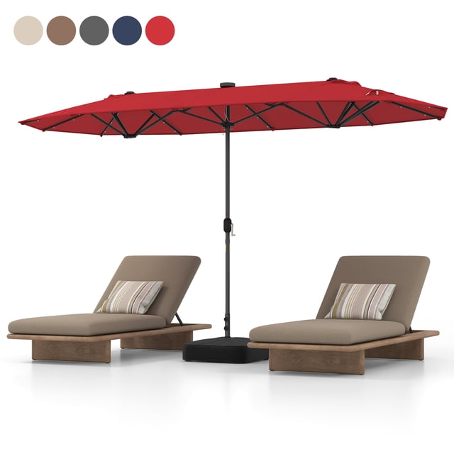 Gymax Parasol de Patio 13 Pi, Parasol de Marché Double Face avec 36 Lumières DEL à Énergie Solaire Couleur Vin. le Parasol Présente une Grande Auvent Double Face 13 Pi x 6,6 Pi en Tissu Teint au Fil 180 g Enduit PA, Offrant une protection Solaire, une Résistance aux Gouttes et une Résistance à la Décoloration. Il Comprend des Évents Doubles pour la dissipation de la Chaleur et un Cadre Métallique Robuste Pulvérisé avec 12 Baleines et un Poteau de 1,5 Po. le Parasol Est Livré avec une base Croisée pour la Stabilité et un Système à Manivelle pour une Utilisation Facile.