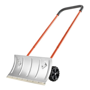 KFFKFF Snow Pusher Shovel with Wheels, 24 in Wheeled Snowplow Shovel with Bi-Directional Angled Blade & 90 Degree Adjustable Handle, Metal Winter Shovels