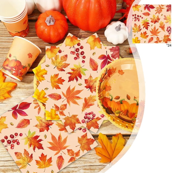 Ensemble de Vaisselle Jetable à Motif de Feuilles d'Érable sur le Thème de l'Action de Grâce, Lot de 24 Pcs pour les Repas des Fêtes et les Décorations Festives