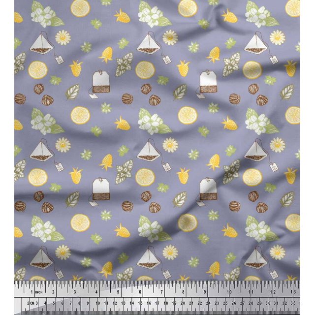 Soimoi Grey Modal Satin Fabric Tea Bag,Star Anise & Lemon Slice Vegetable Printed Fabric 1 Yard 42 Inch Wide