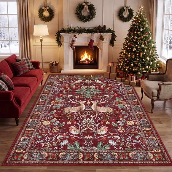 GOGRANT Tapis de Noël Festif Boisé pour Chambre – Lavable, Antidérapant, à Poils Courts, Style Ferme pour les Fêtes, Rouge, 9 X 12 Pi