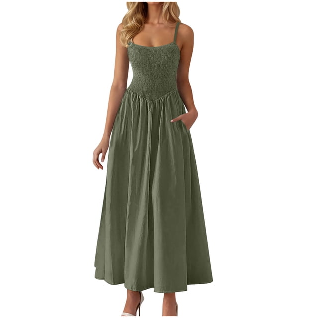 Amzcrzy Robes pour Femmes Couleur Unie Bretelles Spaghetti Robe d'Été Décontractée Col Rond Sans Manches Robes Soleil pour Femmes Tendance à Étages Fluide Robes Maxi avec Poches