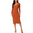 thumbnail image 2 of INSPIRE CHIC Robe Chandail Midi pour Femme à Manches Longues, Col en V, devant Torsadé, Coupe Ajustée, Tricot, Fente Latérale, Rouge Brique, S, 2 of 5