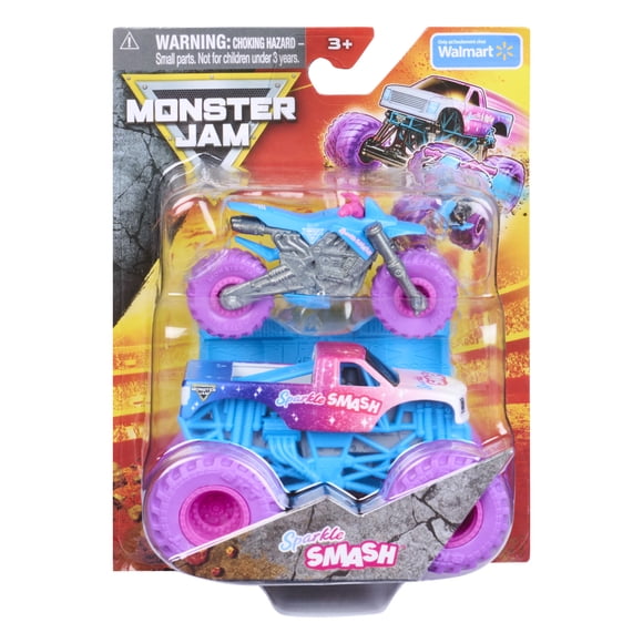 Monster Jam Sparkle Smash Monster Truck and Dirt Bike Vehicle 2-Pack, 1:64 Scale