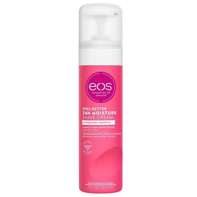eos Shea Better Moisturizing Shaving Cream for Women in pomegranate raspberry scent, 24-hour hydration, in a pink 7 fl oz (207 ml) bottle with white pump dispenser, featuring natural shea butter formula for wet or dry shaving and skin protection.