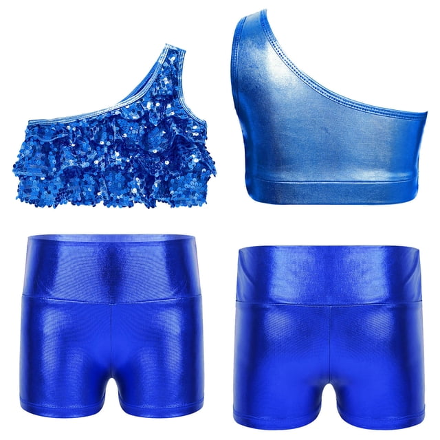 Oyolan Big Girls Gymnastic Workout Set 2PCS Crop Tops with Shorts 4-16 Years Sequins Dance Outfit Royal Blue 10