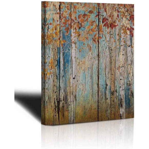 Canvas Wall Art Yellow Tree Forest Landscape Picture Prints, Rustic Modern Birch Trees Nature Woods Abstract Painting Artwork 12"x16" Wood Gallery and Framed for Home Office Living Room Bedroom Decor