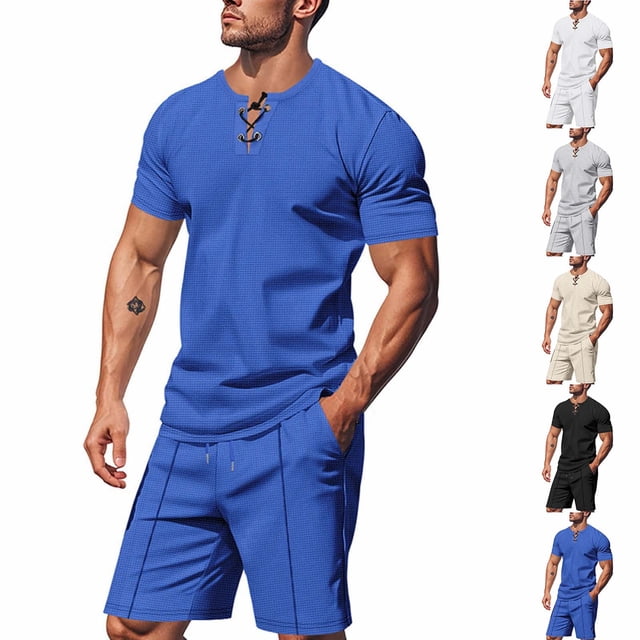 JDQJBZ Mens 2 Piece Loungewear Set Breathable V Neck Short Sleeve Shirt and Elastic Shorts