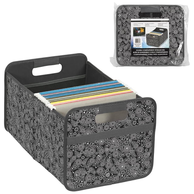 Bac de Rangement Pliable à 2 Compartiments, Contenant de Rangement en Tissu Cachemire N/b avec Deux Compartiments et Poignées Découpées, pour Tenir des Dossiers Suspendus, Idéal pour l'Organisation à la Maison et le Rangement de Dossiers, Convient Aussi aux Fournitures d'Artisanat.