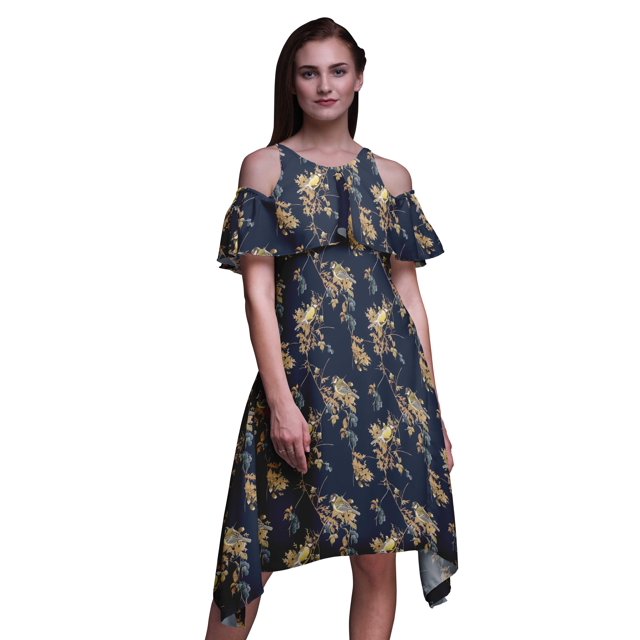 Bimba Blue Bird Printed Womens Cold Shoulder Tunic Party Round Neck Shift Dress - Large