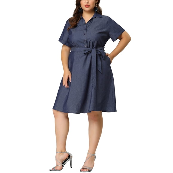 GRACE & GRANDEUR Women's Plus Wrap Belted High Waist Chambray Dress