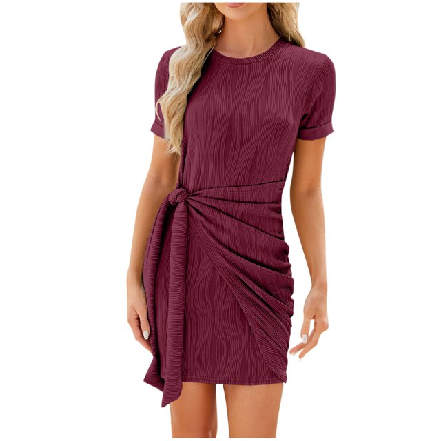 Dvkptbk Womens Summer Bodycon Dress Solid Color Crew Neck Party Dress Ribbed Slim Fit Ruched Bodycon Casual Mini Dresses