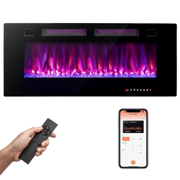 Giantex 42/50/60/72 Inches Ultra-Thin Electric Fireplace, Wall-Mounted & Recessed Fireplace Heater w/Smart APP Control, Alexa, Decorative Crystals, Dual Control & Overheat Protection, 750W/1500W
