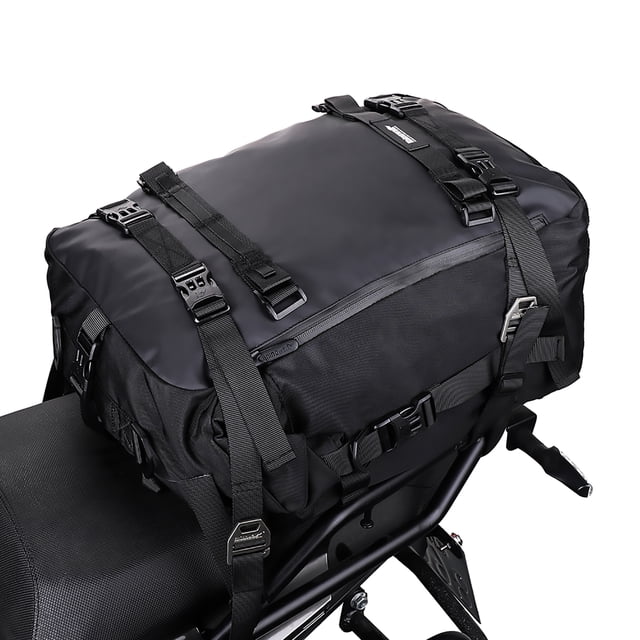 Motorcycle Bag Tail Bag Waterproof Large Capacity Backpack Pannier Bag with straps (Black, 30L) securely mounted on a motorcycle seat. Made of black polyester, it features durable buckles, adjustable straps, and a modular design for versatile use as a tail bag, backpack, or shoulder bag. Fully waterproof with a reflective logo for enhanced safety during cycling, traveling, or daily use. Ideal for motorcycle cargo storage.