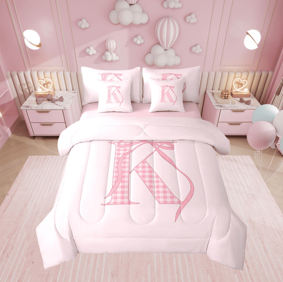 Erosebridal Plaid Initial K Bed in a Bag Full size, Kawaii Ribbon Bed Set, Cartoon Bow Decor, Reversible 7pcs