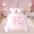 thumbnail image 1 of Erosebridal Plaid Initial K Bedding Sets Queen Size, Kawaii Ribbon Comforter Sets with Sheets, Cartoon Bow Decor, Reversible 7pcs, 1 of 1