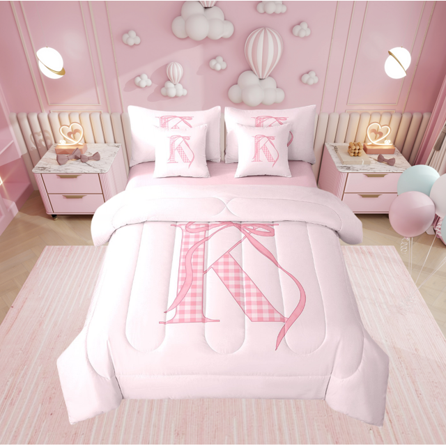 Erosebridal Plaid Initial K Bedding Sets Queen Size, Kawaii Ribbon Comforter Sets with Sheets, Cartoon Bow Decor, Reversible 7pcs