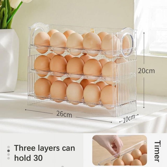 Auto Flip Egg Organizer 3-Tier Egg Holder Storage 30 Count Egg Storage