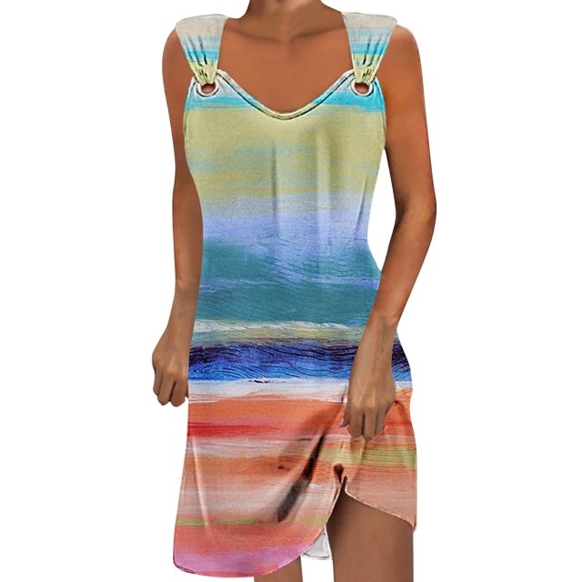 Penkiiy Robes pour Femmes 2024 Imprimé Marbre Col Rond Décontracté Sans Manches Robe à Bretelles Robe d'Été Babycon Sortie Décontractée Robes de Fête 2TG Multicolore